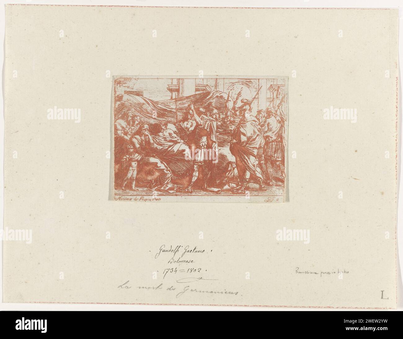 Der Tod von Germanicus, 1744 – 1802 drucken der vergiftete, sterbende Germanicus lag auf dem Bett mit seiner trauernden Frau Agrippa und seinem Sohn Caligula links neben ihm. Er ist auch von Angestellten und einer Gruppe von Soldaten umgeben. Ein Soldat zeigt in den Himmel. Der Tod von Germanicus Cäsar liegt auf seinem Sterbebett, seine Frau Agrippina trauert an seinem Bett und seine Freunde schwören, seinen Tod zu rächen Stockfoto