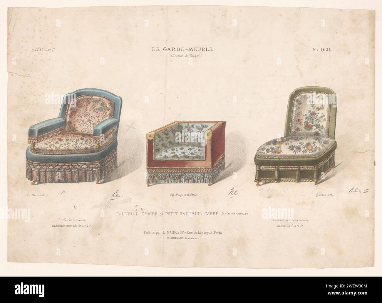 Zwei Sessel und Stuhl, Quéton, 1885 - 1895 drucken zwei Sessel und ein Stuhl. Drucken von 273. Livraison. Papiermöbel Stockfoto