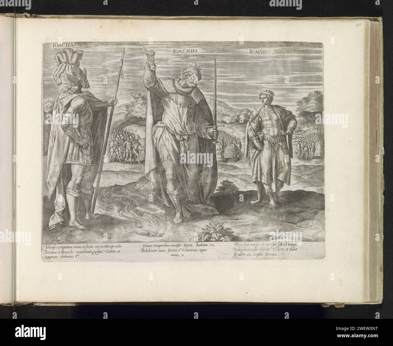 Joachaz, Jojakim und Jojachin, Anonym, nach Maerten de Vos, drucken 1585 die Könige Joachaz mit einem Speer in der Hand, Jojakim mit einem Schwert in der Hand und den jungen König Jojachin. Im Hintergrund wichtige Ereignisse aus ihrem Leben. Im Hintergrund wurde Joachaz von der Armee des Pharao Necho gefangen genommen. Mitten im Hintergrund wird Jojakim in die Armee von König Nebukadnessar aufgenommen. Rechts im Hintergrund die Gefangennahme Jojachins durch die Armee von König Nebukadnessar. Unter den Erläuterungen zur Performance in lateinischer Sprache. Dieser Ausdruck ist Teil eines Albums. Papierstich-Geschichte von Jehohahaz Stockfoto