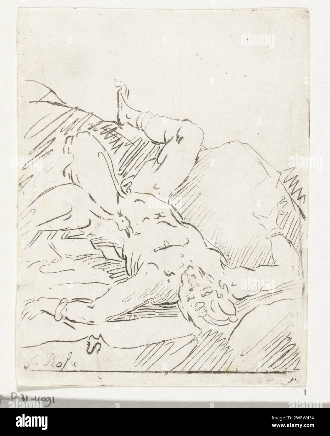 Prometheus angekettet, Anthonie van den Bos, nach Salvator Rosa, 1778–1838 Druck Prometheus ist an einen Felsen gekettet und ein Adler nimmt seine Leber auf. Prometheus erhielt diese Strafe von Jupiter, weil er das Feuer gestohlen und dem Volk gegeben hatte. Papier, das einen Adler ätzt, trennt Prometheus' Leber Stockfoto