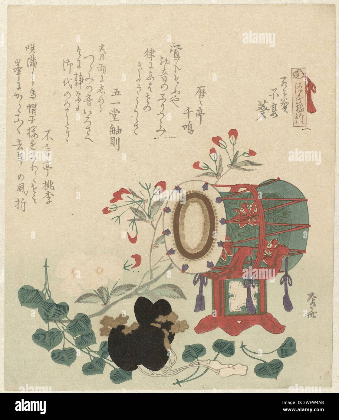 Trommel, Hofmuts und Blumen, 1890 - 1900 drucken Eine Trommel mit Hofgenossen und Blumenzweigen. Mit drei Gedichten. Der Ausdruck ist eine B-Kopie. Papierfarbe Holzschnitt Trommel (Musikinstrument) Stockfoto