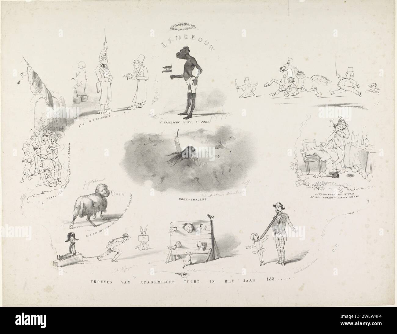 Cartoon aus Leiden Student Almanac, 1850, 1850 Print Cartoon aus dem Student Almanach der Universität Leiden des Jahres 1850. Zehn Aufführungen auf der Landwirtschaftsausstellung der Hollandse Maatschappij van Agriculture 1850 in Leiden. Zentral auf der Spitze eines schwarzen Westindianers mit der Aufschrift „W: Indiesche Team, 1. Preis“. Das Leben der Papierstudenten. Die Ureinwohner Amerikas führen an. Westindien Stockfoto
