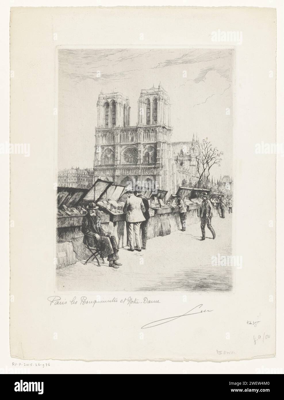 Buchhändler an einem Kai, die Notre-Dame im Hintergrund, Unbekannt, ca. 1900 - ca. 1925 Druckpapierätzung / Trockenpunkt Buchstand, Kiosk. Straßenhändler Our Lady. Quai de Montebello Stockfoto