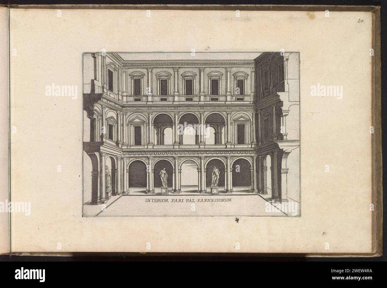 Binnenplaats Van Palazzo Farnese Te Rome, Giacomo Lauro, nach Antonio da Sangallo (II), nach Giacomo Barozzi Vignola, nach Michelangelo, 1638 Print Print ist Teil eines Albums. Papierätzung im Innenhof des Palastes oder „Hôtel“. Fassade (Haus oder Gebäude). palazzo Farnese Stockfoto