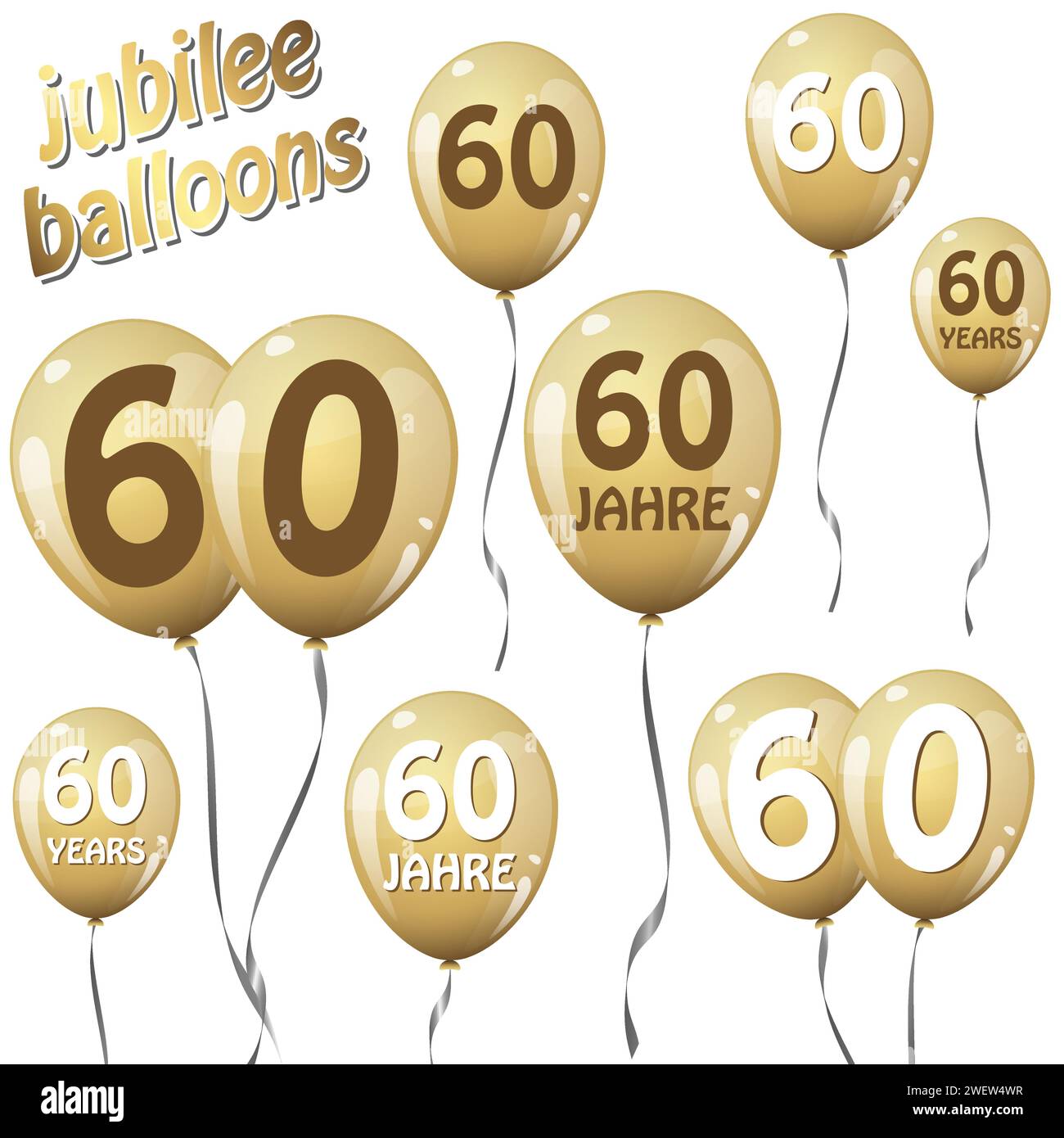 goldene Jubiläumsballons für 60 Jahre auf englisch und deutsch Stock Vektor