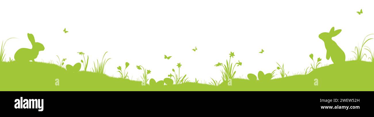 eps-Vektor-Panorama-Illustration für ostern, fröhlich frischen grünen Hintergrund mit Silhouette von Kaninchen mit Eiern, Gras, verschiedenen Blumen. Feder Stock Vektor