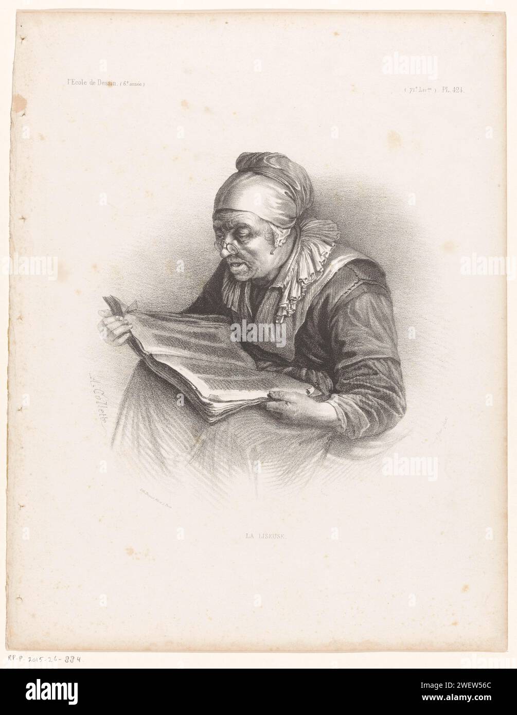 Alte Leserin, 1856 gedruckte Zeitung, Nachrichtenblatt. Alte Frau Stockfoto