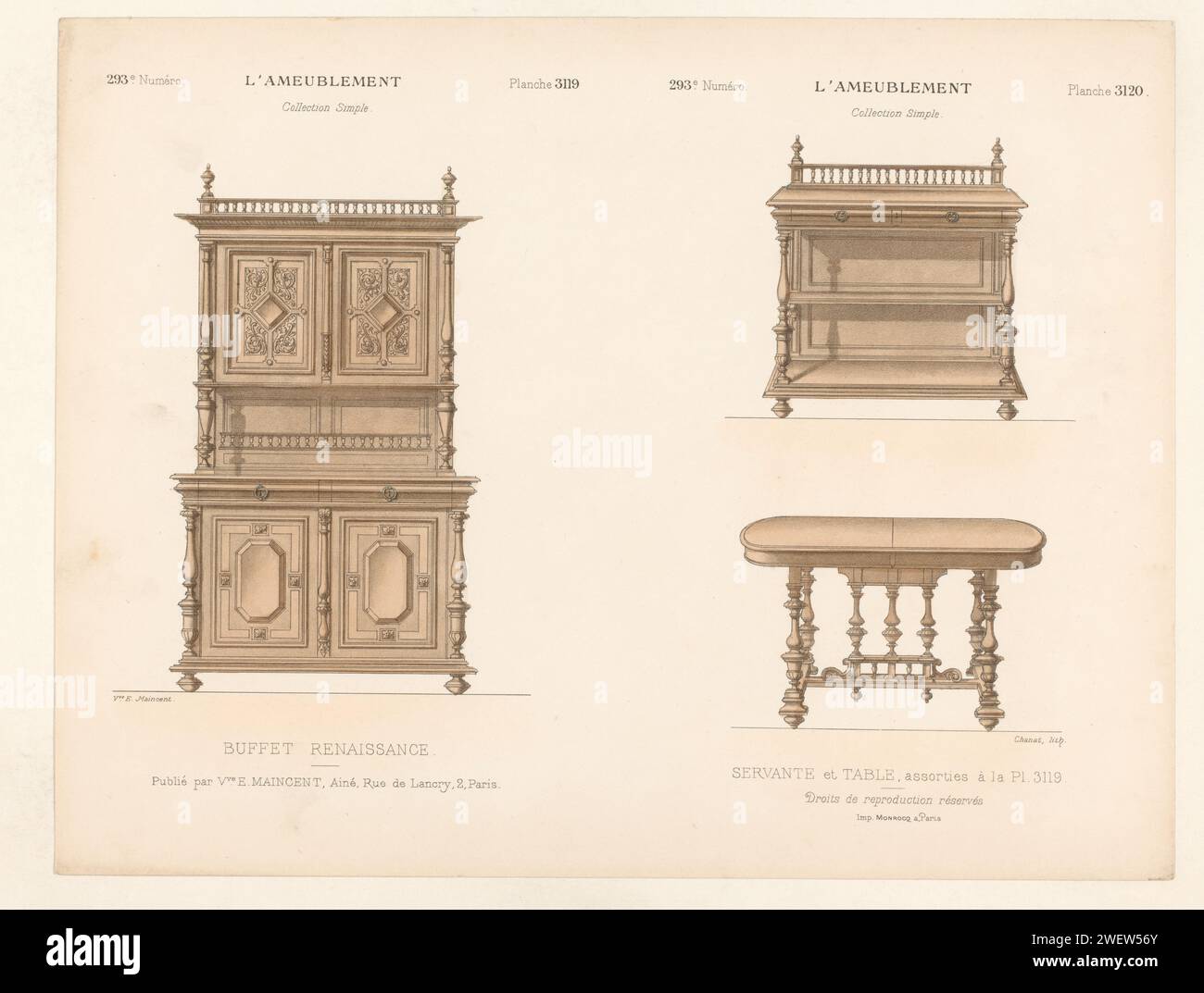 Buffet-Schrank, Schrank und Tisch, Chanat, 1895er-Druck, Renaissance-Büfett-Schrank, offener Schrank und Tisch. Drucken von 293. Livraison. Papiermöbel zur Aufbewahrung. Tabelle Stockfoto