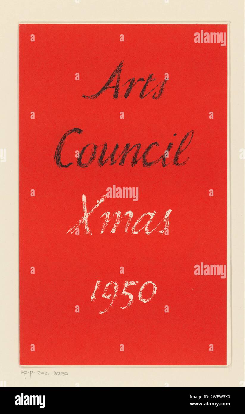 Weihnachten und Neujahrswunsch 1950-1951 vom Arts Council of Great Britain, Anonym, 1950 Druck außen rot mit schwarz-weißem Text ('Arts Council Xmas 1950') und innen ein Bild eines Orchesters mit Streichern und Blazern, und der Text: „mit besten Wünschen für Weihnachten 1950 und das neue Jahr“. Papier große Gruppe von Musikern, Orchester. Weihnachtskarte Stockfoto