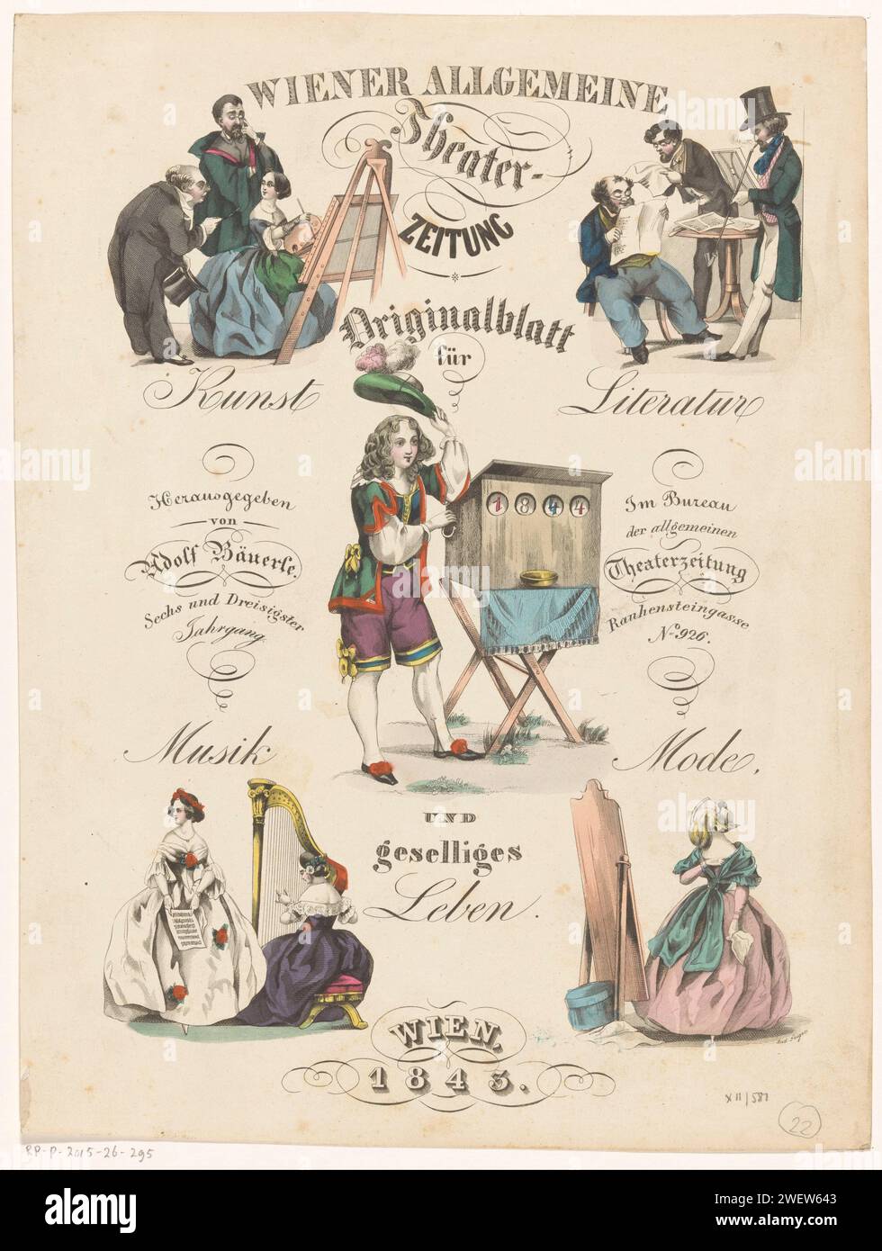 Fünf Szenen auf dem Gebiet der Kunst und Kultur, 1843 drucken fünf Szenen auf einem Blatt: Eine Malerin hinter einem Tuch auf einer Staffelei im Gespräch mit zwei Männern; drei Männer, die die Zeitung lesen, einer mit einer langen Pfeife; ein Mann in historischer Kleidung mit einem Schaukasten auf einem Standard; Eine Frau mit einer Harfe und einer Sängerin mit Noten; Eine Frau vor einem Spiegel. Papierätzer/Gravurkünstler (im Allgemeinen) (+ Künstler bei der Arbeit). Peep-Show. Harfe (+ Künstler bei der Arbeit). Musiker, die Sänger begleiten. Spiegel - AA - (für) Frauen Stockfoto