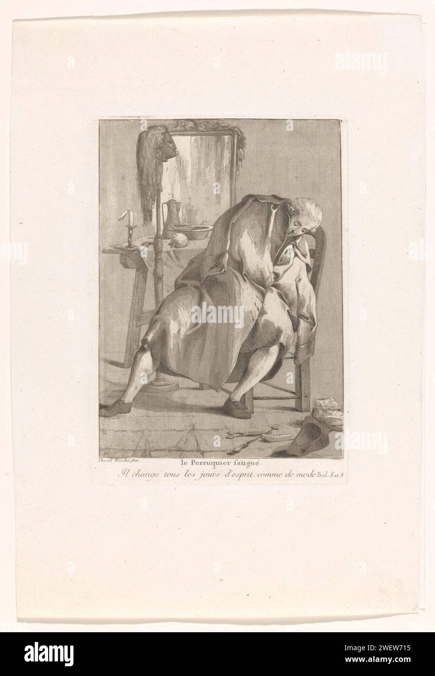 Der maskierte Kaffeetrinker und der müde Perückenmacher, 1775 drucken Einen Perückenmacher, der in seinem Stuhl schläft. Hinter ihm ein Frisiertisch und eine Perücke auf einem Standard. Es gibt eine Schere und einen Kamm auf dem Boden und den Hut des Perückenmachers. Papierätzperücke. Perruquier Venedig Stockfoto