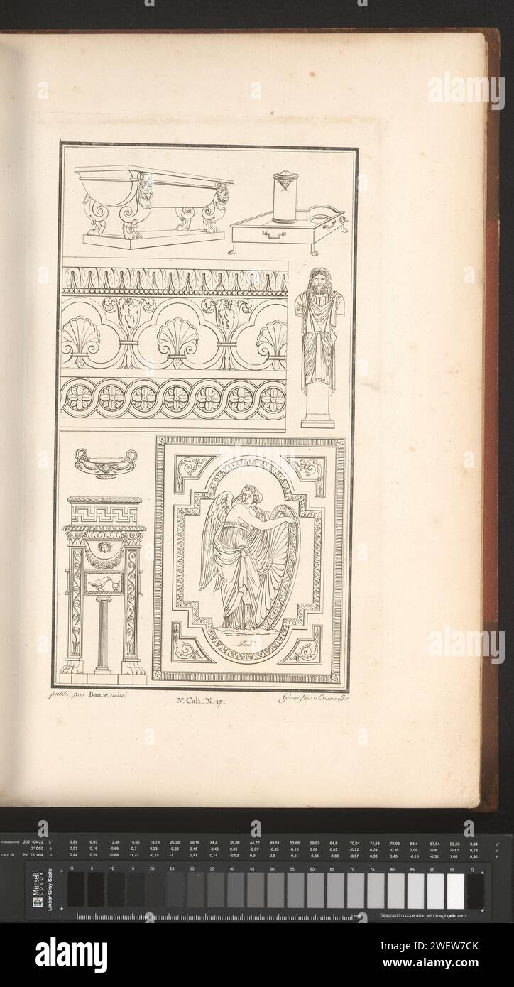 Verschiedene Ornamente, Pierre-Nicolas Beauvallet, 1820 Ornamentdruck mit verschiedenen Ornamenten. Teil (3. CAH. N. 17) des Prentalbums mit zwei Serien von insgesamt 138 Ornamentdrucken von Beauvallet und Normand, Fragmens d’Ortuens Dans Le Style Antique. Dekorative Möbel und dekorative Möbel Stockfoto