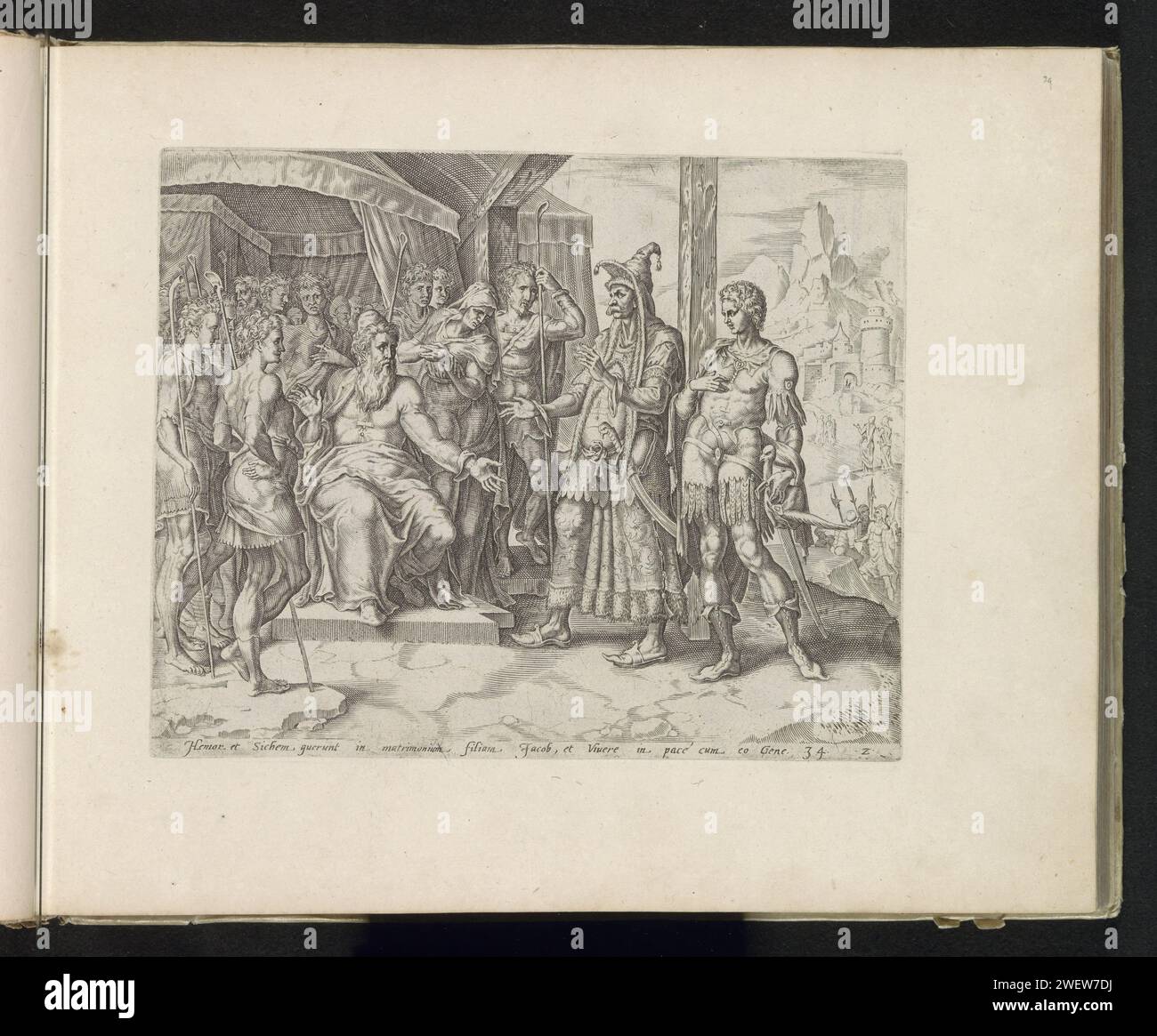 Chamor und SiChem bitten Jakob um Dinas Hand, Harmen Jansz Muller, nachdem Maarten van Heemskerck 1585 gedruckt hatte, kommen SiChem und sein Vater Chamor nach Jakob und bitten ihn, seine Tochter Dina mit SiChem zu heiraten. Jakob ist in seinem Zelt, umgeben von seiner Frau und zwölf Söhnen. Jakobs Söhne setzten die Bedingung, dass SiChem und sein Volk beschnitten werden müssen, weil sie ihre Frauen nur von beschnittenen Männern heiraten wollen. Am unteren Rand ist ein lateinischer Hinweis auf den Bibeltext in Gen. 34. Dieser Ausdruck ist Teil eines Albums. Die Papierstiche Hamor und Sichem kommen zu Jakob, dessen Söhne gerade von hier sind Stockfoto