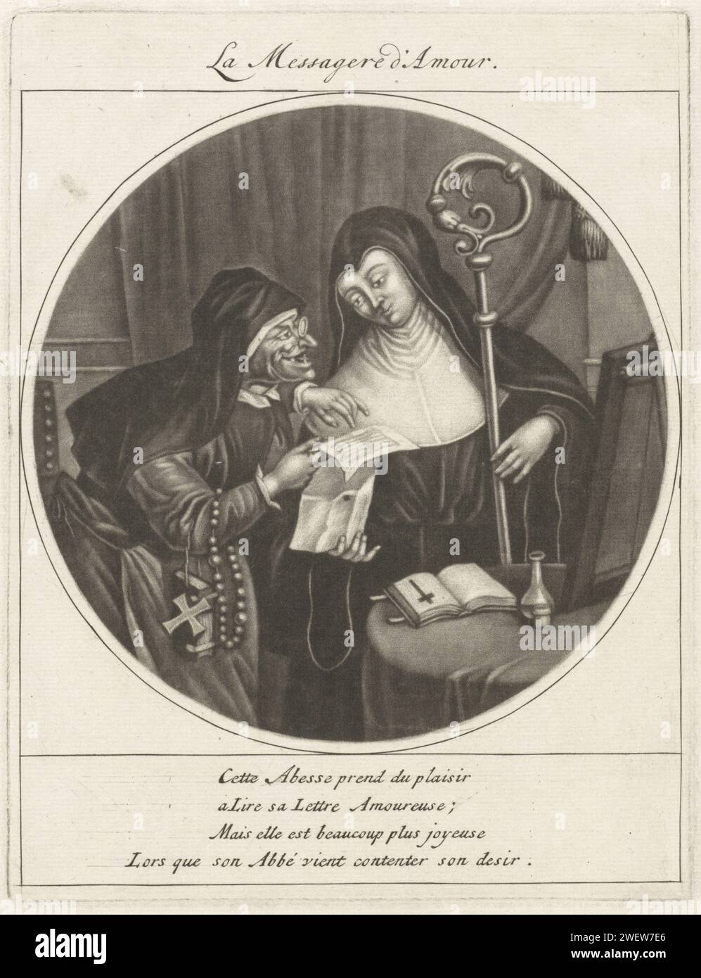 Love Letter, Cornelis DuSart, 1670–1704 Print der Print ist Teil einer Serie von sechs Drucken mit Mönchen und Nonnen. Papiergravurliebhaber mit Liebesbrief. Nonne(n). Hässliche, alte Frau, verdammt Stockfoto