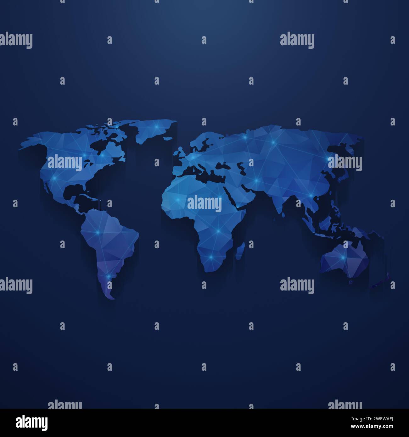 Moderne blaue Weltkarte mit 3D-Polygonmuster und Netznetz auf dunkelblauem Hintergrund. Weltkarte mit dünnen, hellblauen Linien und leuchtenden Punkten. Stockfoto
