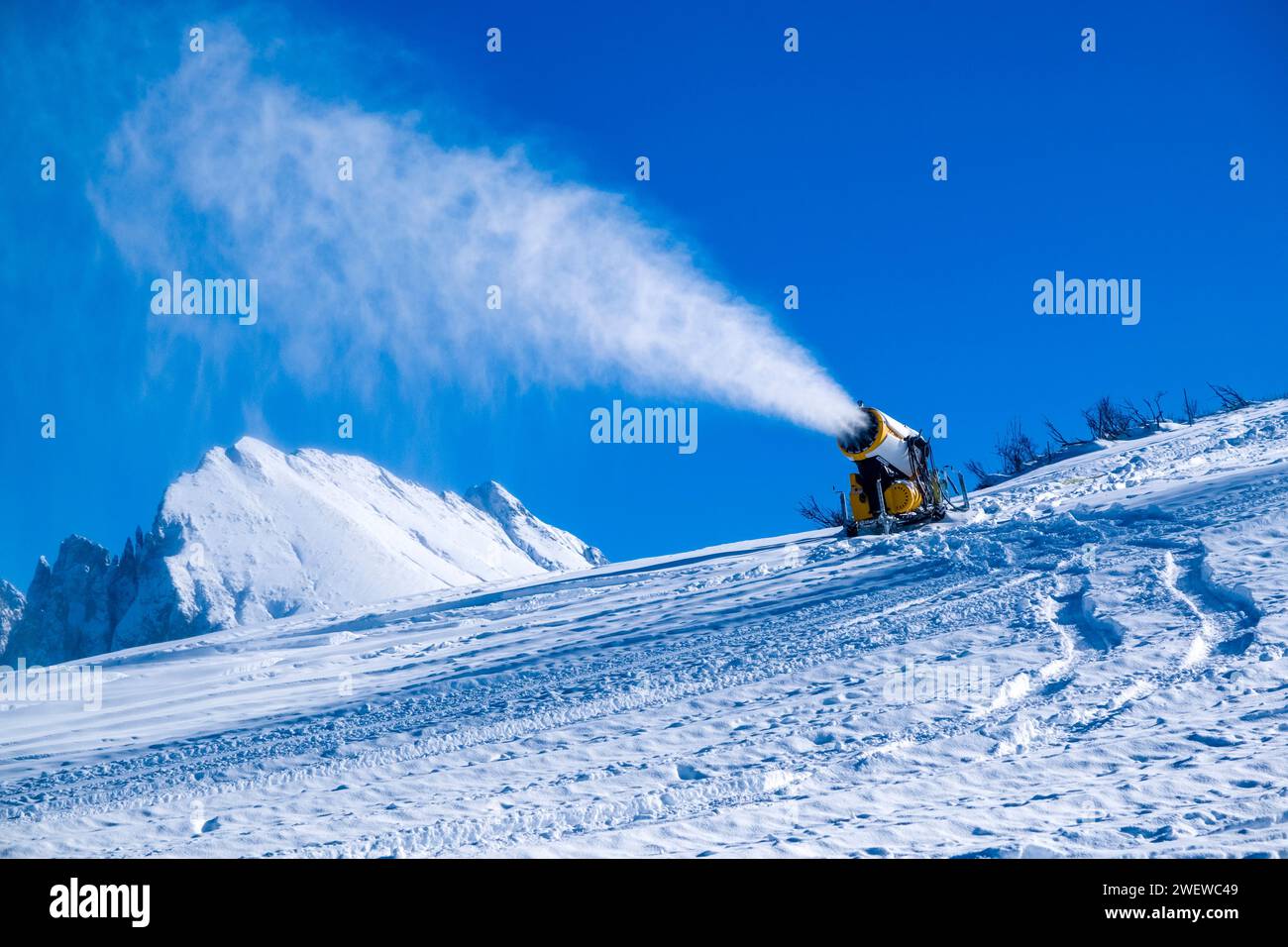 Eine Schneekanone schneit im Winter auf den verschneiten Almen der Seiser Alm, dem Gipfel des Sasso Piatto in der Ferne. Stockfoto