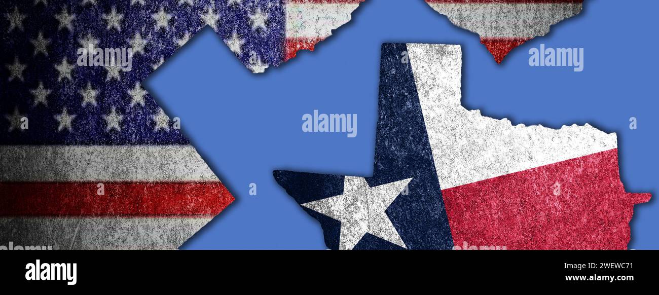 Abfahrt Texas. Texas unterscheidet sich von den USA. Das Territorium von Texas wird durch die Staatsflagge ausgewiesen. Texanische Identität innerhalb der Vereinigten Staaten. Stockfoto