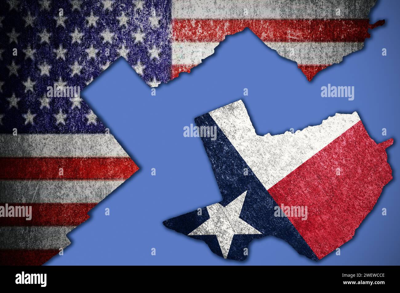 Abfahrt Texas. Texas unterscheidet sich von den USA. Das Territorium von Texas wird durch die Staatsflagge ausgewiesen. Texanische Identität innerhalb der Vereinigten Staaten. Stockfoto