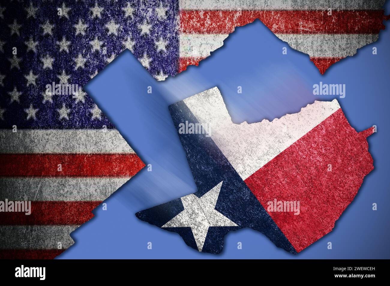 Abfahrt Texas. Texas unterscheidet sich von den USA. Das Territorium von Texas wird durch die Staatsflagge ausgewiesen. Texanische Identität innerhalb der Vereinigten Staaten. Stockfoto