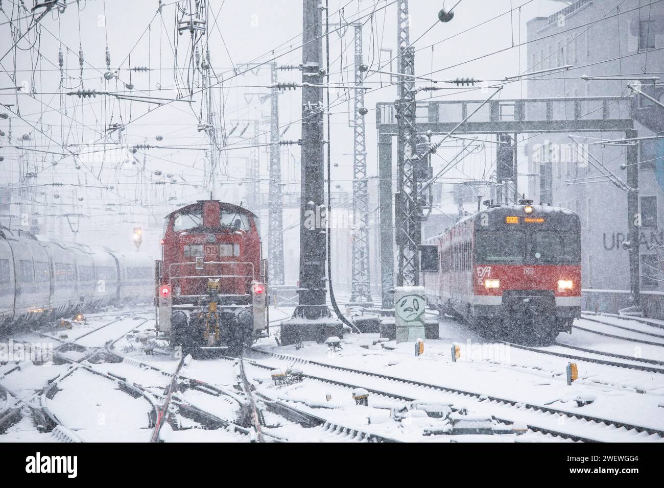 Diesellokomotive und Züge nördlich des Hauptbahnhofs, Schnee, Schneefall, Köln, Deutschland. Januar: 2024 Diesellokomotive und Zuege noerdlich des Ha Stockfoto