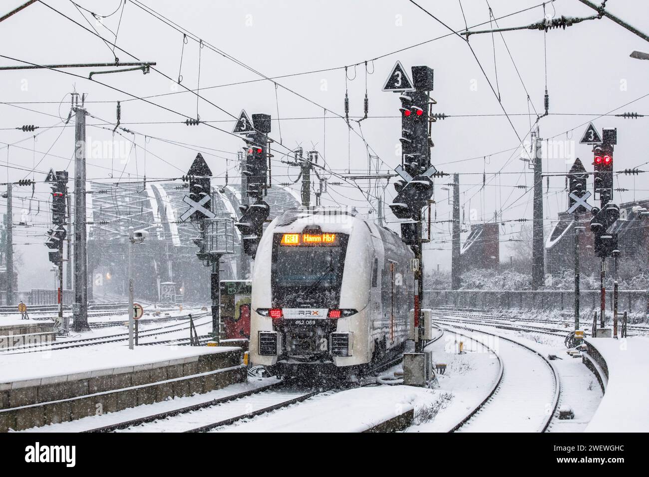 Rhein-Ruhr-Express-Zug vom Hauptbahnhof, Hohenzollernbrücke, Schnee, Schneefall, Köln, Deutschland. Januar: 2024 Rhein-Ruhr-Express RRX Z Stockfoto