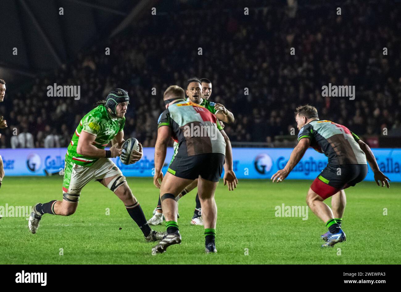 Leicester Tigers Kyle Hatherell in Aktion während der Harlequins vs Leicester Tigers, The Stoop, Twickenham, London UK am 26. Januar 2024. Foto von Gary Mitchell Credit: Gary Mitchell, GMP Media/Alamy Live News Stockfoto