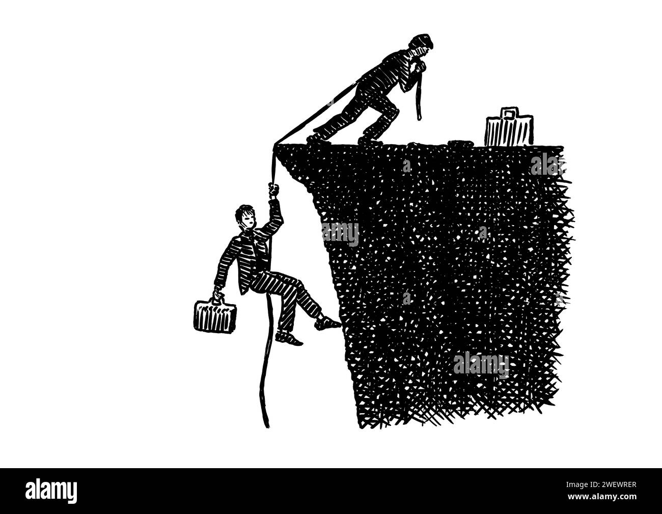 Handgezeichnete Zeichnung eines Geschäftsführers auf einer Klippe, der einen Arbeitskollegen mit einem Seil hochzieht. Künstlerisches Konzept für Führung, Teamarbeit, Leistung, Stockfoto
