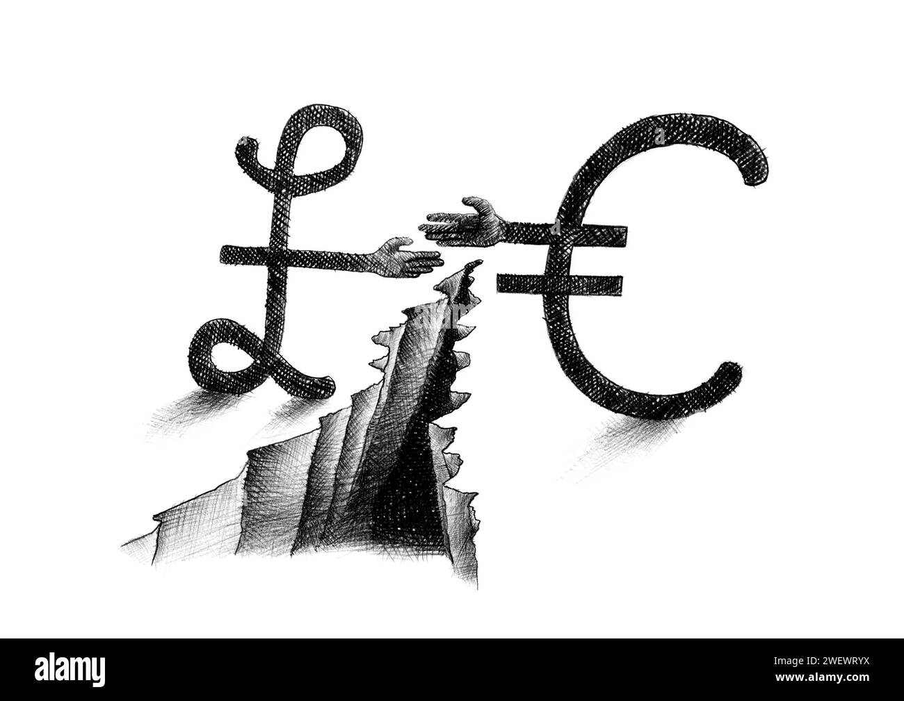 Handgezeichnete Bleistiftskizze mit Euro-Symbol und britischem Pfund Sterling-Schild, die nach einem Handschlag über eine tiefe Kluft streckt. Künstlerische Metapher für den Brexit Stockfoto