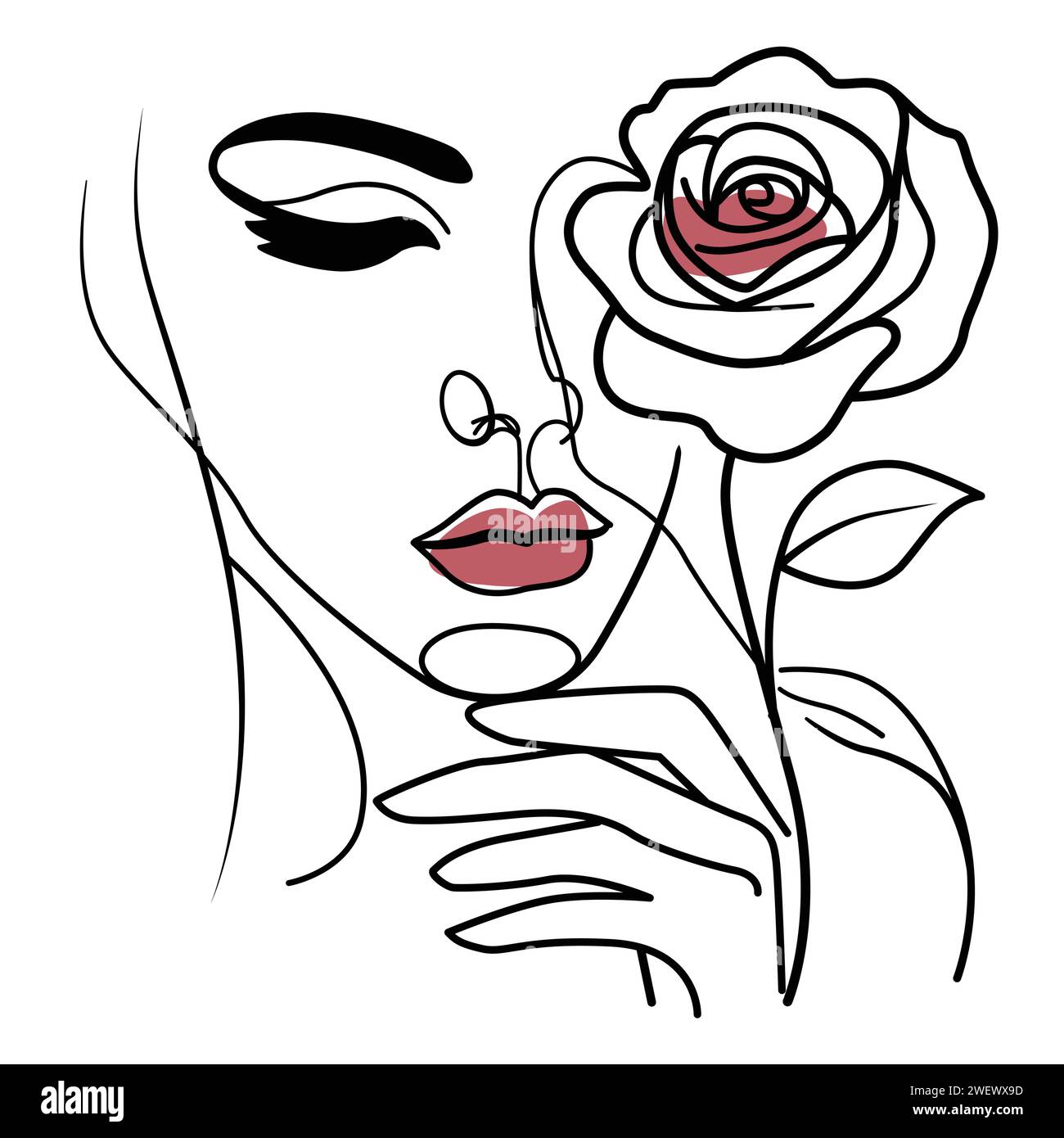 Zarte Linienzeichnung eines Mädchengesichts mit einer Rose. In einem schwarzen Linienstil, rosa, Vektor Stock Vektor