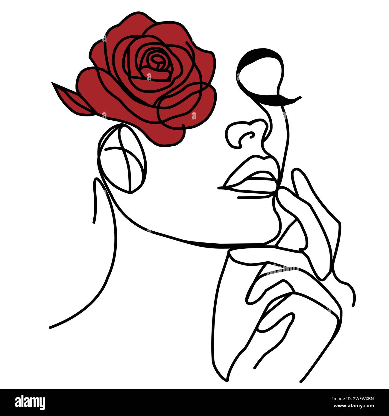 Zarte Linienzeichnung eines Mädchengesichts mit einer Rose. In einem schwarzen Linienstil, Pink, Hand, Vektor Stock Vektor
