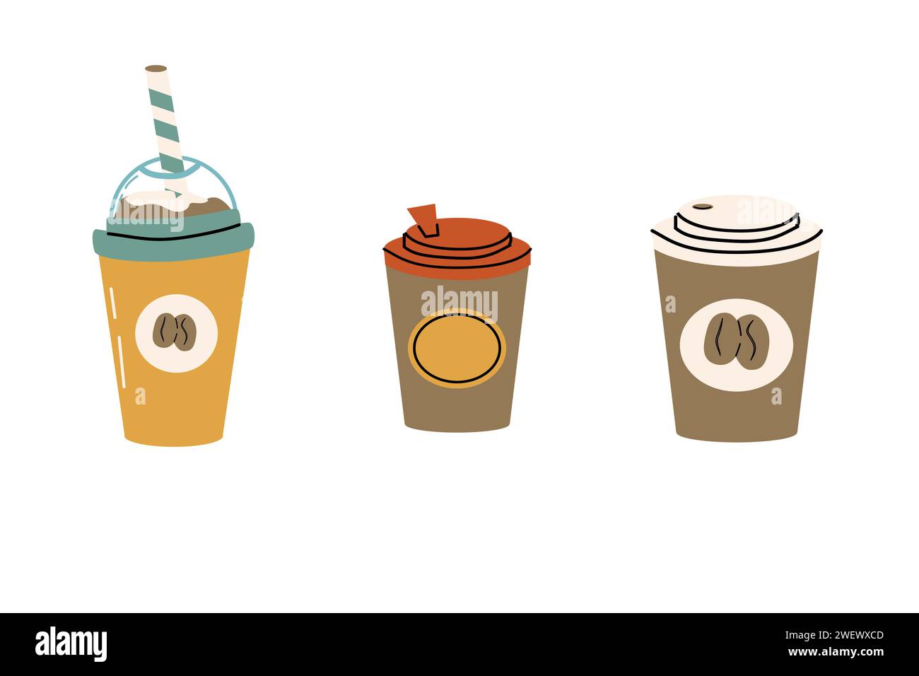 Handgezeichnete Kaffeetassen in unterschiedlichem Design. Handgezeichnete Abbildung. Vektorillustration kann für Banner, Flyer, Tapeten, Poster verwendet werden. Stock Vektor