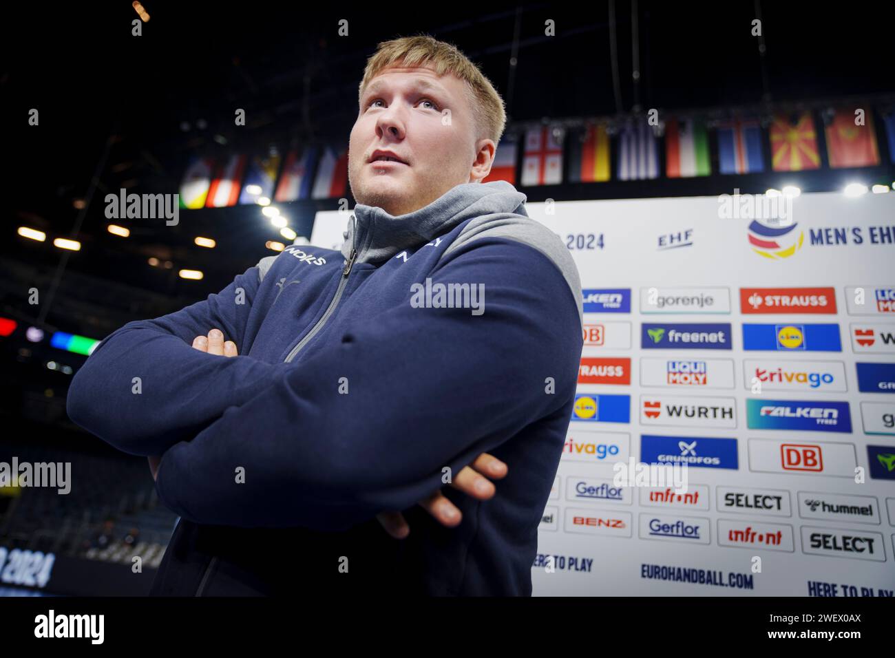 Emil Nielsen während einer Pressesitzung mit Dänemark in der Lanxess Arena in Köln, Samstag, den 27. Januar 2024. (Foto: Liselotte Sabroe/Ritzau Scanpix) Stockfoto