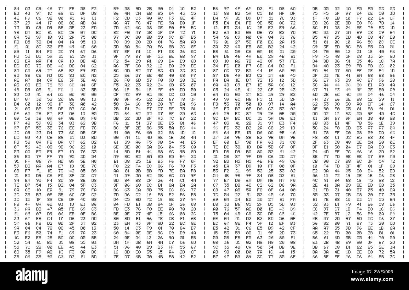 Hexadezimale Zufallszahlen auf transparentem Hintergrund. Symbolisch für Daten, Krypto, Betrug und Hacking. Stockfoto