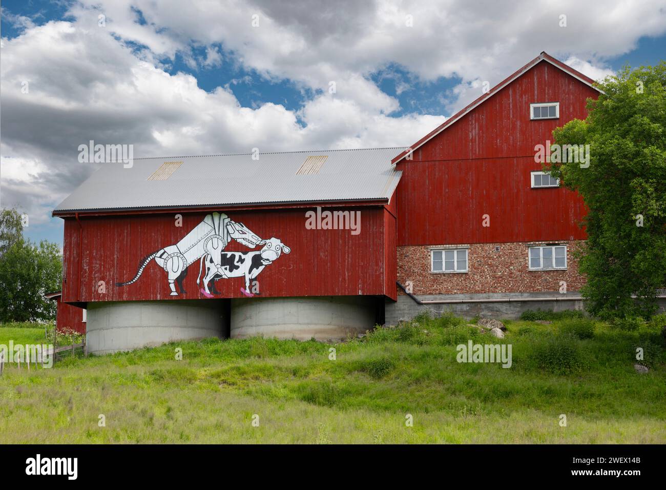 Unhöflichen humor Kunstwerk auf der Seite eines Bauernhofes in Norwegen Stockfoto