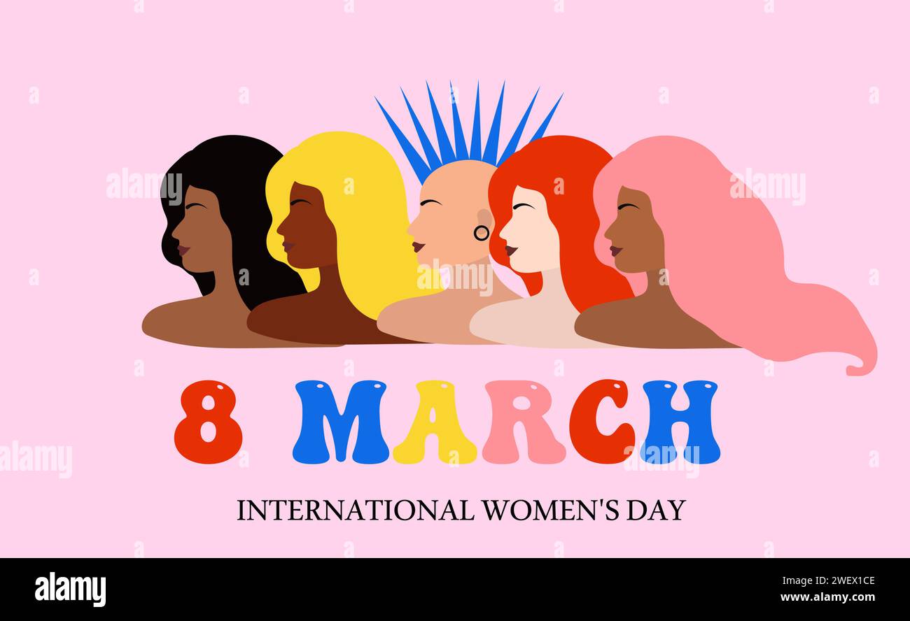 8. märz Glückliche Frauentagskarte mit fünf Frauen verschiedener Ethnien und Kulturen stehen nebeneinander. Banner für den Monat der Frauengeschichte. Flach Stock Vektor