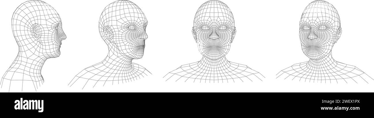 Drahtmodell menschlicher Kopf. Retro-verkabelte Mesh-Gesicht, polygonale Matrix Mann Porträt und 3D-Hologramm-Köpfe Vektor-Illustration Set mit bearbeitbaren Strichpfaden Stock Vektor