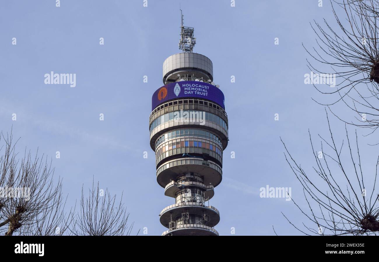 London, Großbritannien. Januar 2024. Der BT Tower markiert den Holocaust-Gedenktag. Quelle: Vuk Valcic/Alamy Live News Stockfoto