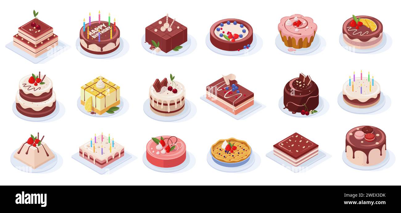 Isometrische Geburtstagsveranstaltung leckere Erdbeeren, Vanille, Schokoladenkuchen Stock Vektor