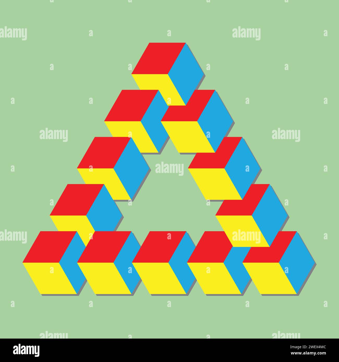 Rote, gelbe und blaue Würfel zeigen eine dreieckige optische Illusion Stock Vektor Rote, gelbe und blaue Würfel zeigen eine dreieckige optische Illusion Stock Vektor