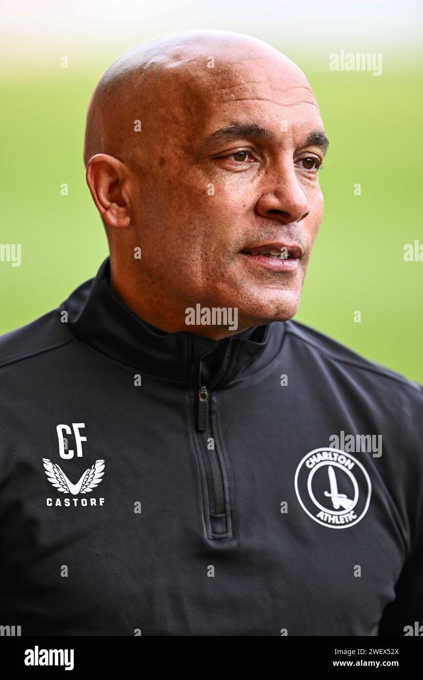 Curtis Fleming Interims-Cheftrainer von Charlton Athletic während des Vorspielinterviews vor dem Sky Bet League 1 Match Blackpool vs Charlton Athletic in Bloomfield Road, Blackpool, Großbritannien, 27. Januar 2024 (Foto: Craig Thomas/News Images) Stockfoto