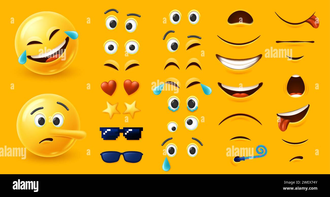 Emoji-Charakterkit. Kundenspezifischer Emoticon-Konstruktor mit verschiedenen Augen- und Mundformen-Elementkombinationen für ein einzigartiges Design des Gesichtsausdrucks Stock Vektor