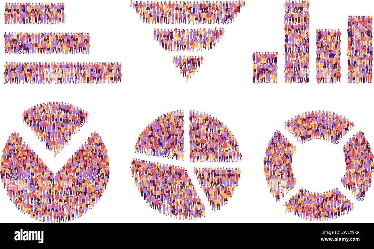 Isometrisches Personendiagramm. Balken- und Liniendiagramme, Tortendiagramme für demografische, Kunden- oder Community-Infografik-Vektorgrafiken Stock Vektor