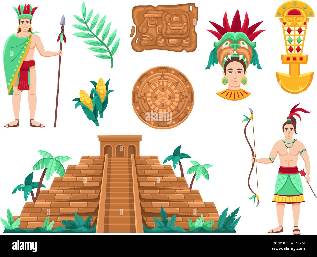 Maya-Zivilisation. Majestätische Pyramide, altes Maya-Kalenderrad, Menschen geschmückt mit traditionellen Kopfschmuck und Kleidung Vektor-Illustration Set Stock Vektor