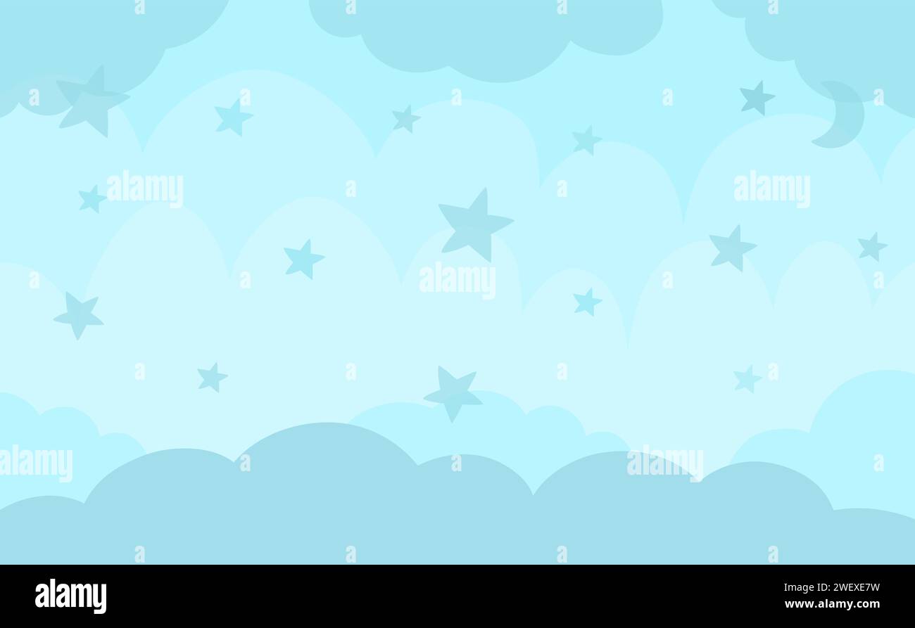 Vektorblauer abstrakter Hintergrund mit Wolken und Sternen. Magie- oder Fantasy-Szene mit Platz für Text. Niedliche märchenhafte horizontale Naturlandschaft für Stock Vektor