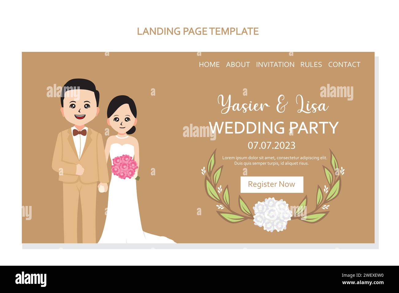 Landing-Page-Design-Vorlage für Hochzeitseinladungen mit niedlichem Paar. Vektorabbildung. Stock Vektor