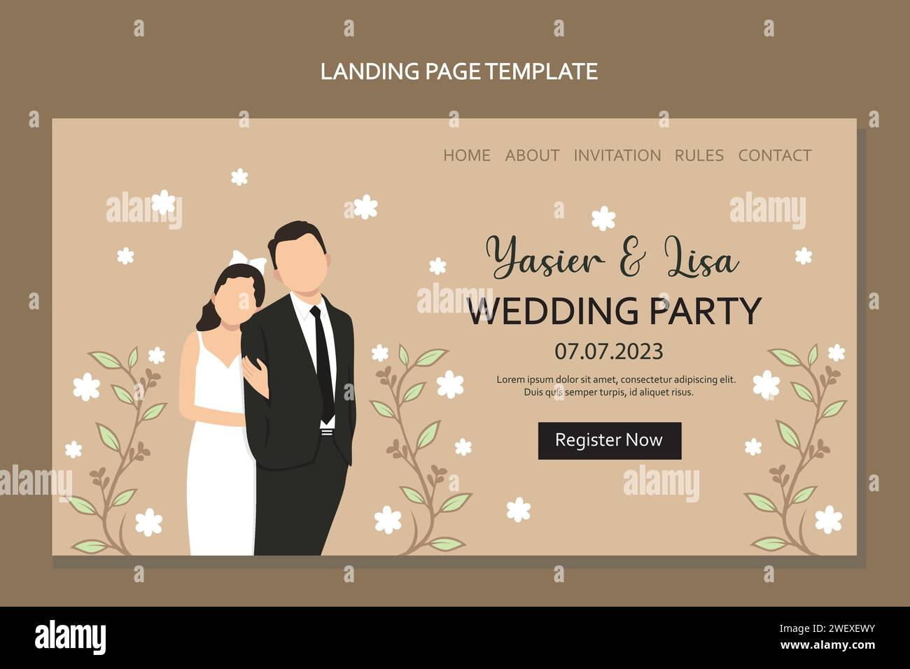 Landing-Page-Design-Vorlage für Hochzeitseinladungen mit niedlichem Paar. Vektorabbildung. Stock Vektor