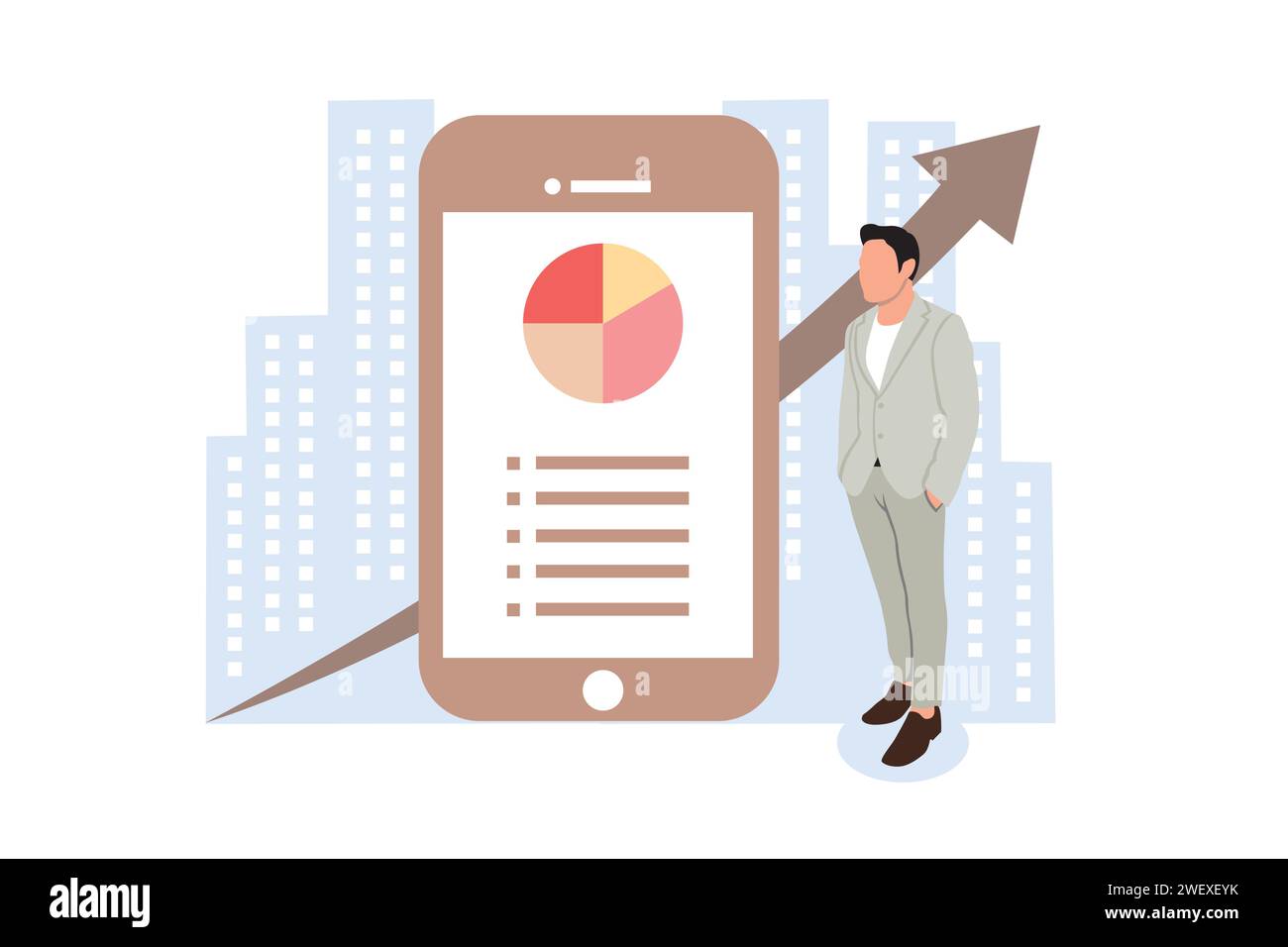 Vektorillustration eines Geschäftsmannes mit Mobiltelefon und Diagramm im Hintergrund. Stock Vektor