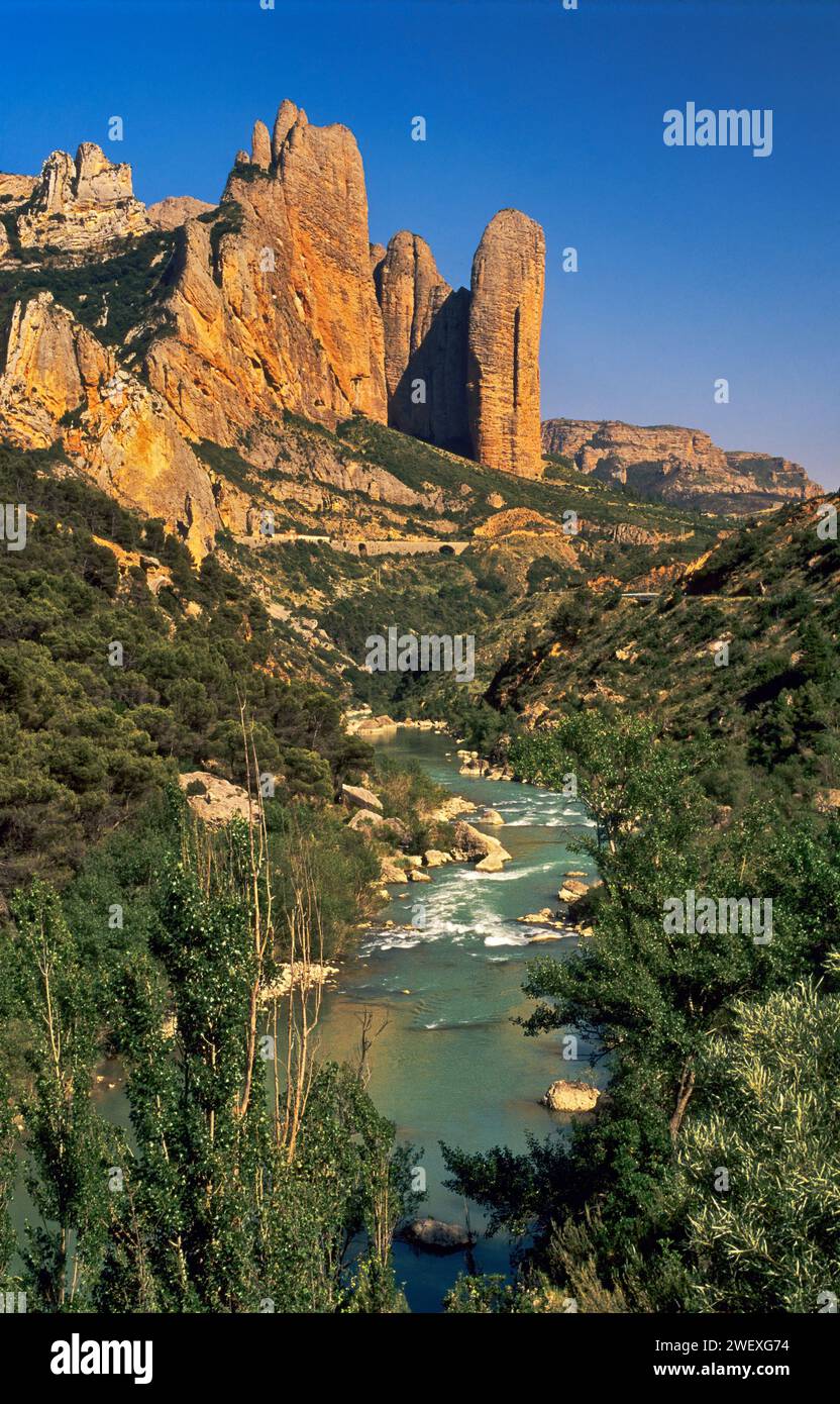 Los Mallos de Riglos Felsen über Rio Gallego in Sierra de la Pena, Aragon, Spanien Stockfoto