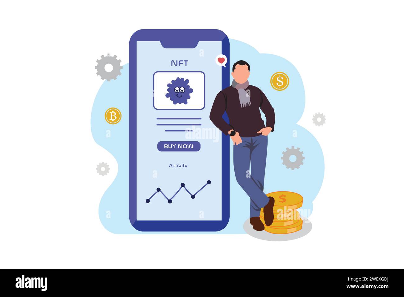 Vektor-Illustration eines Mannes mit einem Smartphone in der Hand. Das Konzept des Online-Handels. Stock Vektor