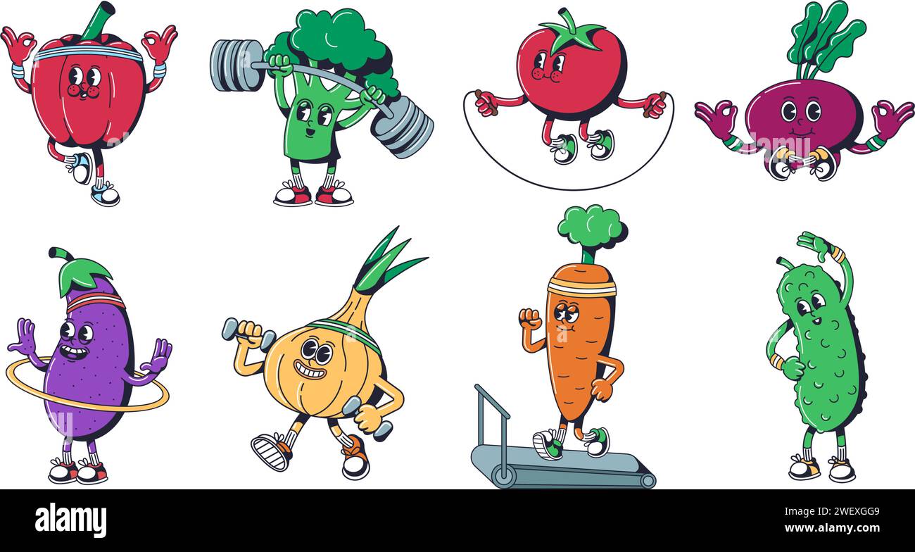 Cartoon gesunde Gemüse Maskottchen. Sport Veggies-Charaktere bei Fitnessaktivitäten, Glockenpfeffer, Gewichte heben, Brokkoli mit Langhantel, Tomaten auf Stock Vektor